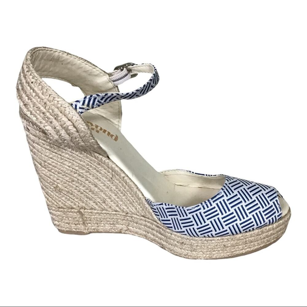 Women Peep Toe Blue/White Wedge Espadrilles Sz. 38/8 EUC Nautical Casual Comfort